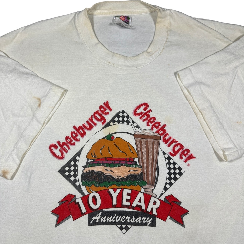 Vintage Stained Cheeseburger 10 Year Anniversary T-Shirt XL White 90s USA Made